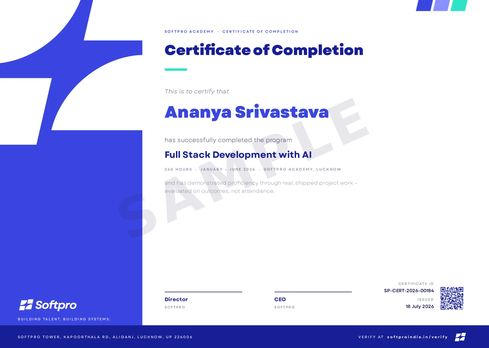 Sample Softpro certificate of completion (specimen)