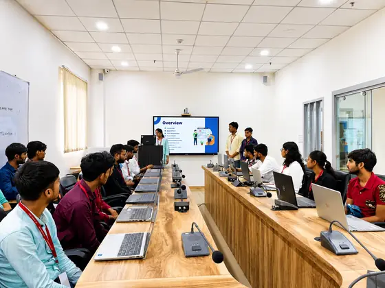 The training room at the Softpro centre, laptops down both sides of a long wooden bench and a slide on screen