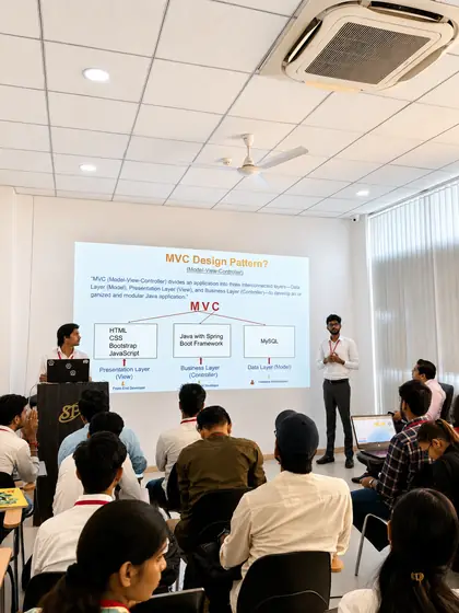 A batch presenting the MVC design pattern behind a Java Spring Boot project, the architecture diagram on screen