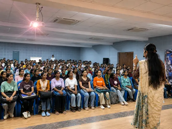 A trainer standing in the aisle addressing a hall filled to the back wall