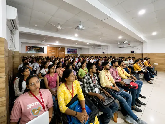 A long row of students seated along a hall wall, laptops open