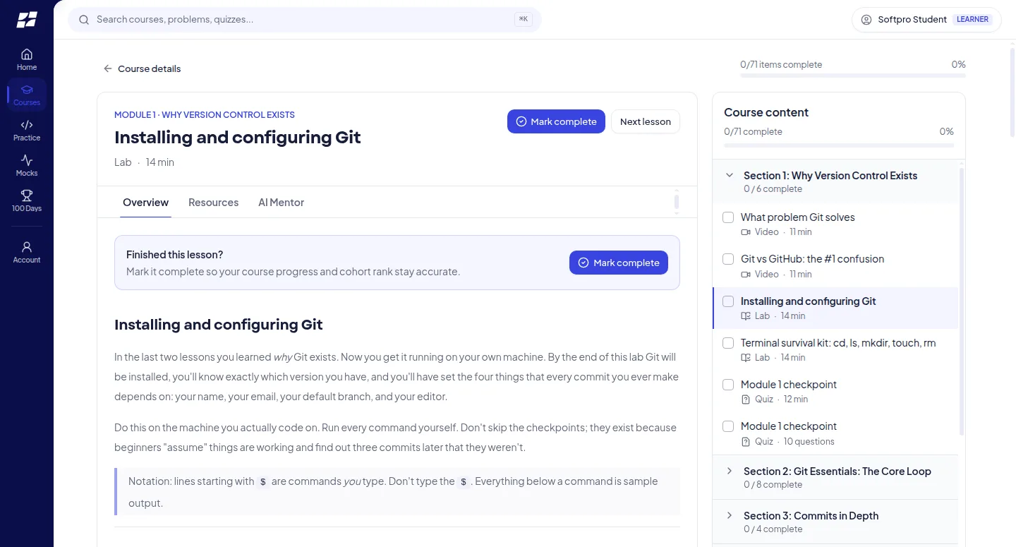 Handshake course player — a written lesson with notes beside the full course content outline