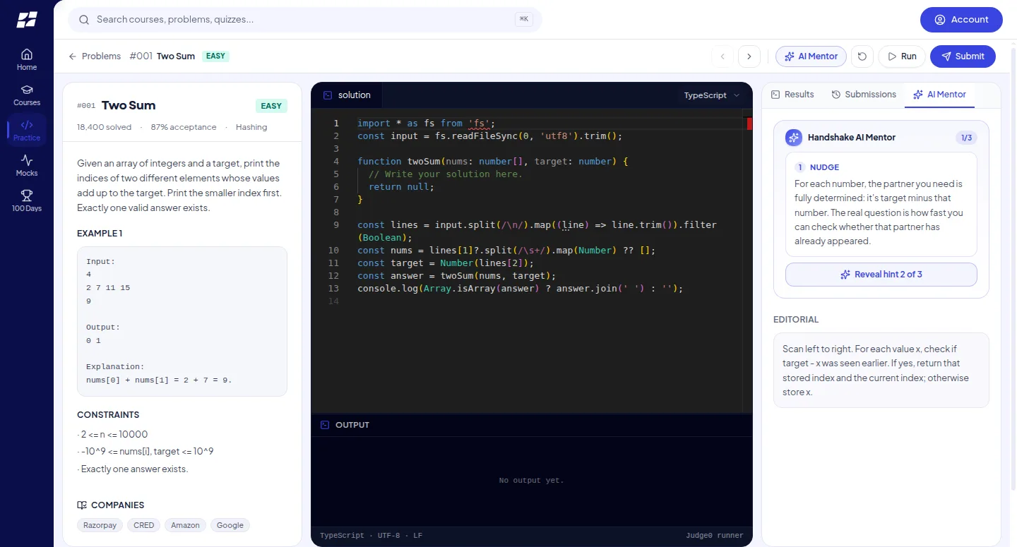 Handshake AI Mentor panel revealing a first-tier hint next to the code editor