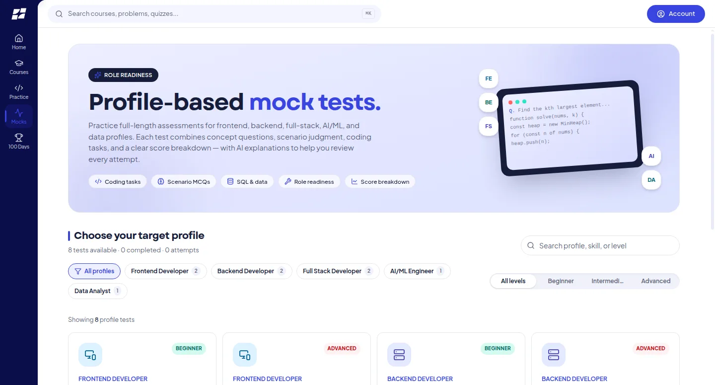Handshake profile-based mock tests — frontend, backend, full-stack, AI/ML and data profiles