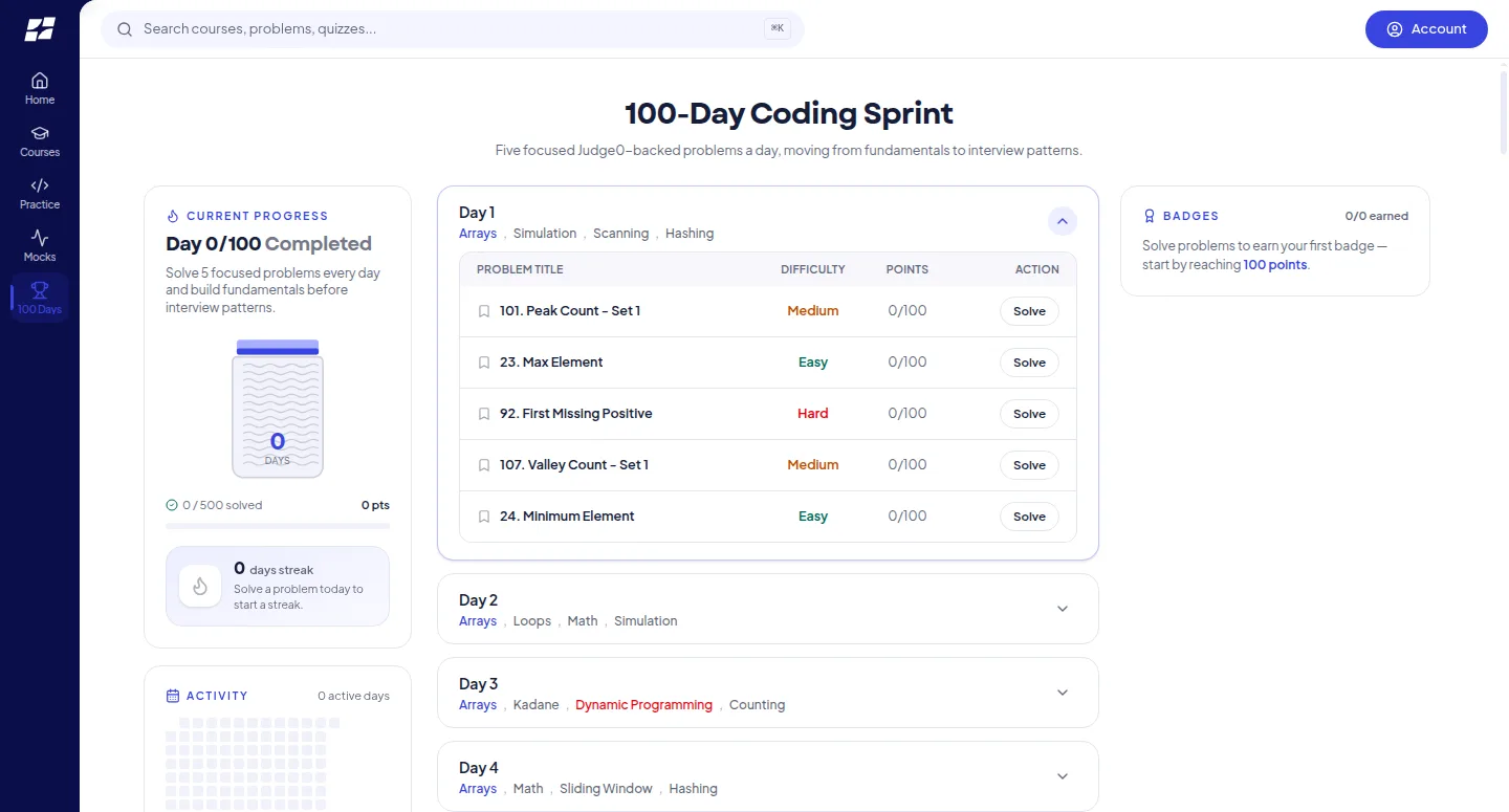 Handshake 100-day coding sprint with daily problem sets, streaks, badges and an activity graph